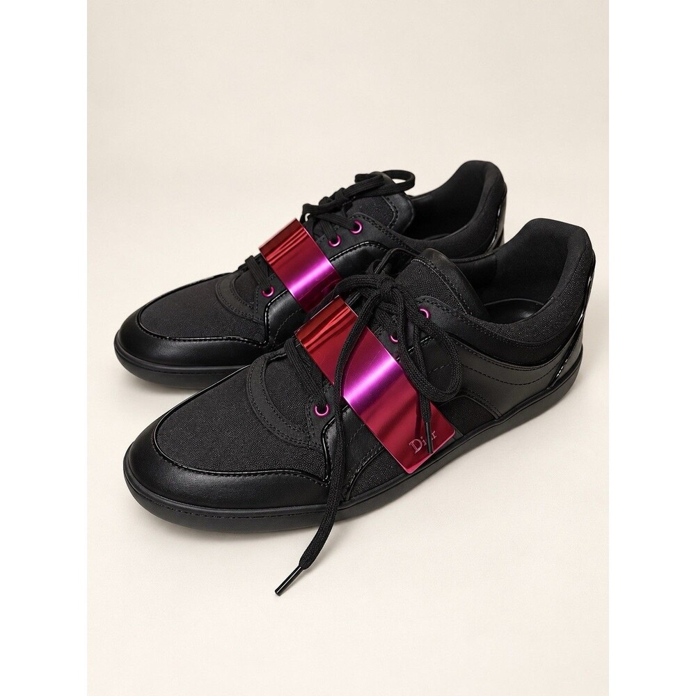 Christian Dior Black Leather Mesh Sneakers Metallic Pink Statement Band US 7 IT